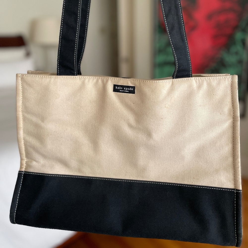 kate spade tan/black canvas tote baby bag